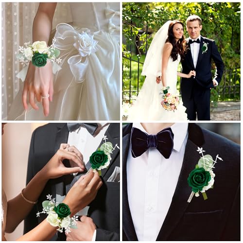 SITUMEIZI 2Pcs Green Corsage and Boutonniere Set Wrist Corsage Bracelets and Boutonniere for Men Wedding Prom Party Suit Decor - color: Green