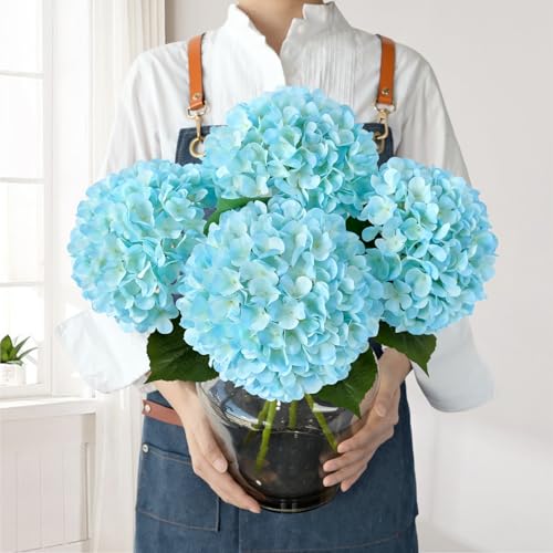 JINWOE Lake Blue Faux Hydrangea Flowers, 4Pcs 22" Large Lifelike Silk Artificial Hydrangeas, Full Fake Flowers for Bouquet Table Centerpieces Outdoor Wedding Indoor Home - color: Lake Blue
