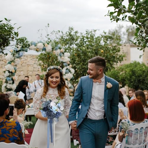 9 Inch Dusty Blue White Wedding Bouquets for Bride Bridesmaid, Artificial Fake Roses Flowers Navy Blue White Bridal Bouquet Fall Boho Vintage Rustic Wedding Decoration Prom Toss Bouquet - color: Dusty Blue White
