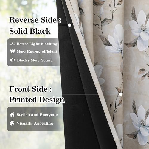 MYSKY HOME Floral 95% Blackout Curtains 72 Inches Long 2 Panels Set Thermal Insulated Black Out Flower Pattern Printed Drapes Grommet Top for Living Room Bedroom, 52" W Each Panel, Khaki - color: Khaki, size: 52"W x 72"L (Pack of 2)