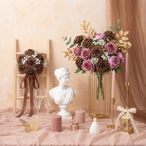 Artificial Flowers, 25pcs Artificial Rose for DIY Wedding Bouquets Centerpieces Arrangements, Brown Foam Roses with Stem for Bridal Shower Party Home Decorations - color: Brown, size: 25pcs