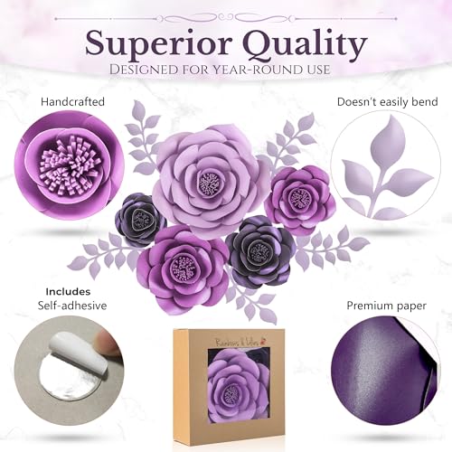 Rainbows & Lilies 10pc Large Paper Flowers Decorations for Wall – 3D Flower Wall Backdrop for Nursery, Girls Room, Baby Shower, Wedding, Bridal Shower – Pre-Assembled Reusable Purple Rose Decor Set