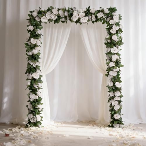 5pack Flower Garland Artificial Fake Rose Garland Vine Artificial Flowers for Decoration Floral Garlands Decor-Total 41 Ft (White) - color: White