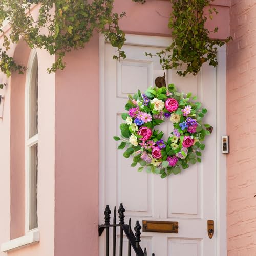 Spring Wreaths for Front Door Outside 24 Inch Spring Door Wreath with Pink Peony,Rose and Blue Hydrangeas, Handmade Silk Summer Wreaths for Front Door Home Wall Window Proch Seasonal Decor - color: Peony