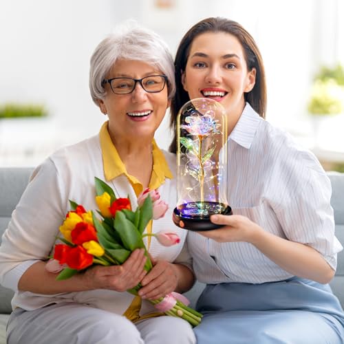Mothers Day Flowers Gifts for Mom Women Birthday Gift, Rechargeable Galaxy Glass Rose in Glass Dome Forever Crystal Rose Anniversary Mother's Day Roses Gifts for Daughter Wife Women Grandma Rainbow - color: Usb-a Colorful