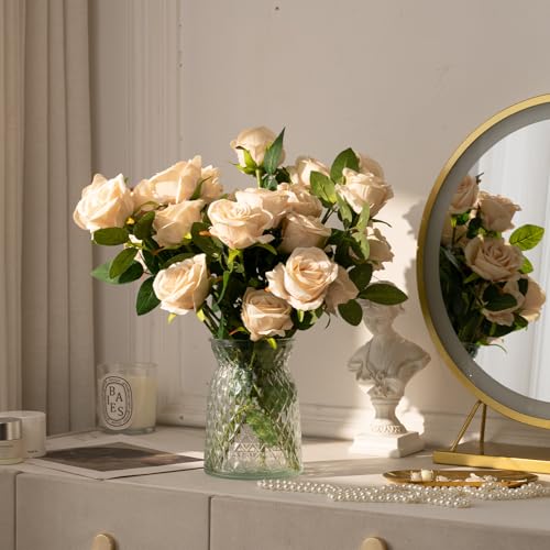 AmyHomie 48 PCS Champagne Roses Velvet Realistic Artificial Flowers with Bendable Stems for Wedding Bouquets Baby Shower Party Home Decor Fake Flowers Gifts for Valentines, Mothers Day, Womens Day - color: Champagne