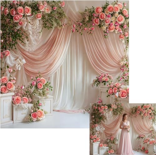 Kate 8x8ft Wedding Backdrop Curtain Pink Floral Decor for Ceremony Photography Background Romantic Bridal Shower Party Photo Booth Props with Rose Garland Drapes - size: 8x8ft