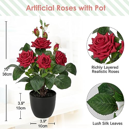 Hollyone Artificial Plants & Flowers in Vase Red Roses Artificial Flowers Potted Plant Faux Silk Flower with Black Pot Fake Rose Flower Arrangement Home Decor Bathroom Shelf Desk Decoration 15 Inch - color: Rose 1 - Red (15inch)