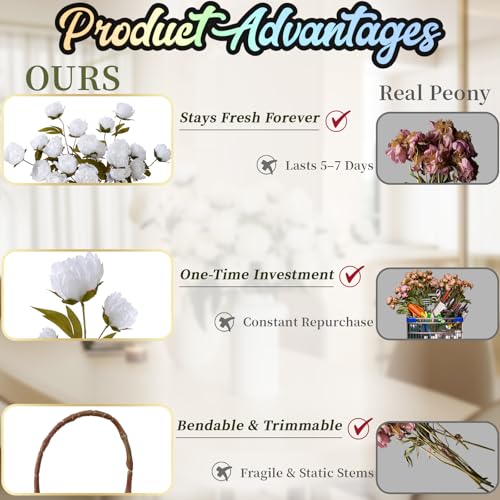 ucky 6 Pcs White Artificial Peonies Silk Flowers, 27.6" Long Stem Fake Peonies with Wood-Textured Bendable Branch, Life-Like Texture Large Peony Blooms for Tall Floor Vase, Wedding, Home Office Decor - color: Cjy White