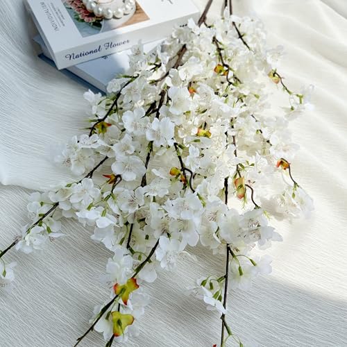 Artificial Cherry Blossom Flowers (4pcs, White), Real Touch Silk Bouquet for Home, Wedding, Garden and Party Events Decoration, DIY Fake Floral Arrangements - color: White
