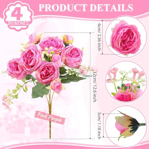 Crowye 4 Bundles Peonies Artificial Flowers Silk Faux Peonies Wedding Artificial Flower Bouquet for Table Centerpiece for Home Wedding Decor Bridal Floral Arrangement(Pink) - color: Pink