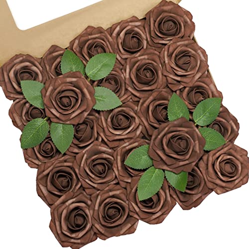 Artificial Flowers, 25pcs Artificial Rose for DIY Wedding Bouquets Centerpieces Arrangements, Brown Foam Roses with Stem for Bridal Shower Party Home Decorations - color: Brown, size: 25pcs