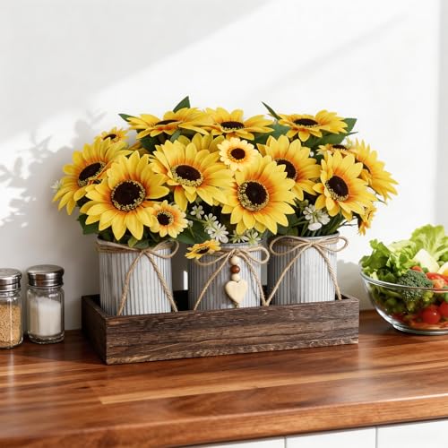 Artificial Sunflower Decorative Centerpiece, Rustic Table Centerpieces Home Decor for Dining Room, Farmhouse Wood Planter Box with 3 Galvanized Metal Pots Decorative - style: Sunflower Plant