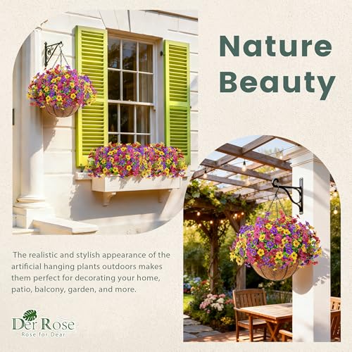 Der Rose 2 Pack Artificial Hanging Flowers Basket for Outdoors Fake Hanging Plants Spring Summer Decoration UV Resistant for Garden Front Porch Patio Balcony Decor - color: Multi-color-b
