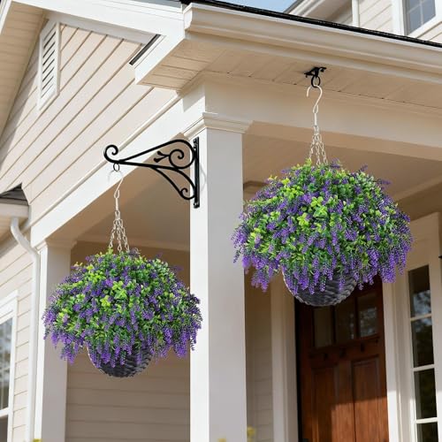 Juxdp Artificial Lavender and Boxwood Hanging Basket - 2 Set for Outdoor Decorations,Fake Flower Hanging Basket UV-Resistant for Porch, Home Garden, Farmhouse, Eaves, Yard Decor