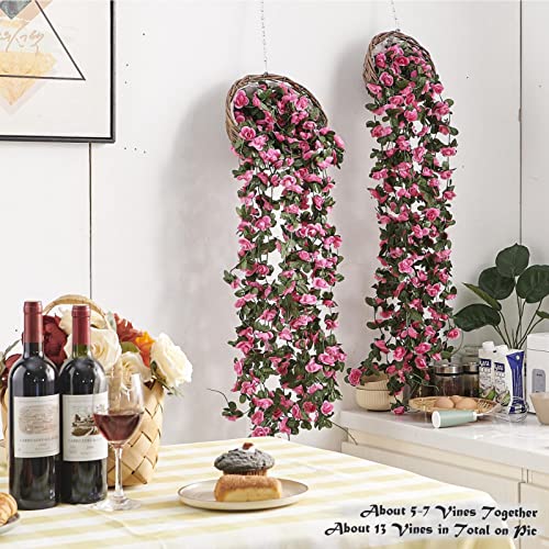 PONKING 8 Pcs x 8.2 ft Flower Garland Artificial Rose Vine Flowers with Green Leaves Hanging Fake Roses Vine for Room Party Home Wedding Birthday Christmas Wall Arch Decor, Spring Magenta Flower - color: Spring-magenta-8pcs, size: 8 Vines 66FT