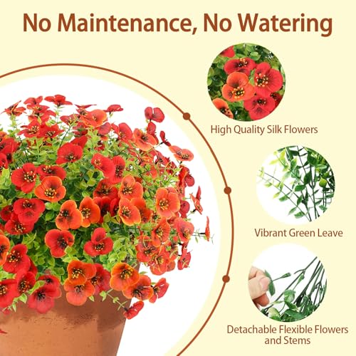 MACTING Fall Artificial Flowers for Outdoors 12 Bundles Fake Pansies UV Resistant Outdoor Faux Plants Plastic Greenery Shrubs for Planters Garden Patio Porch Balcony Outside Autumn Thanksgiving Decor - color: Orange&red, size: 12 PCS