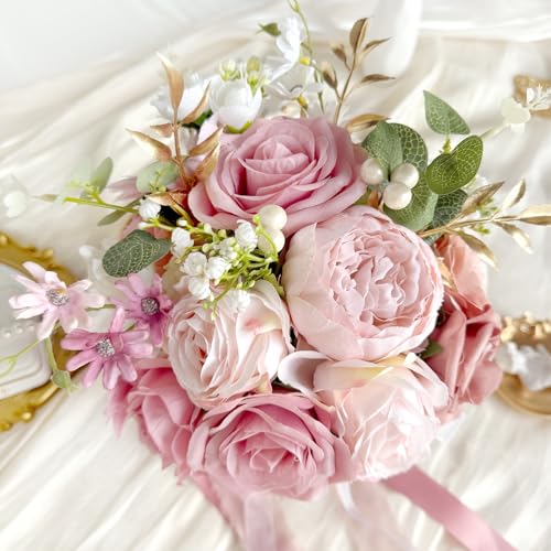 9 Inch Blush Pink Wedding Bouquets for Bride Bridesmaid, Artificial Fake Dusty Roses Gold Flowers Pearl Bridal Bouquet Pastel Spring Boho Rustic Wedding Decoration Toss Bouquet Prom Anniversary - color: Dusty Pink Gold