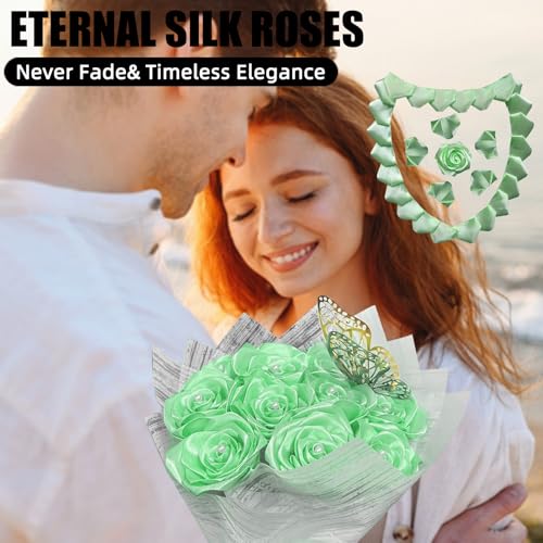 Time-Saving DIY Flower Kit: 300 Count Pre-Cut Satin Ribbon Petals for Eternal Roses. Easy Assembly, Perfect for Crafting Affordable Wedding & Anniversary Bouquets. (300 Pcs Green) - color: 300 Pcs Green