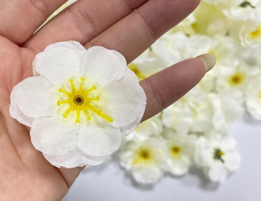 Rikyo 100 pcs Artificial Silk Cherry Blossom Flower Heads Spring Fake Plum Blossom Peach,Vase Fillers,Corsages for Wedding Decor,Nursery Wall,Archway Decor Wreath Garland Cake Ornaments (White) - color: White