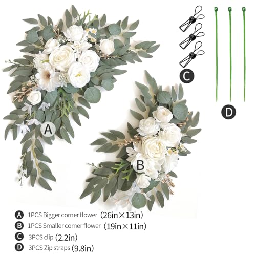 Faux Arch Flower Swag Set of 2 for Wedding Welcome Signs Floral Swag Wedding Reception Ceremony Signs Decor (White) - color: White