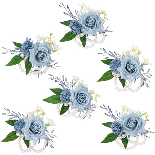 Serwalin 6 PCS Wrist Corsages for Wedding, Girl/Mother Bride Bridesmaids Corsages Wristlet Decor for Prom Wedding Anniversary Homecoming (Blue & Dusty Blue) - color: Dusty Blue, size: Corsage 6pcs