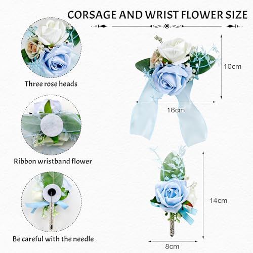 SITUMEIZI 2Pcs Blue Corsage and Boutonniere Set Wrist Corsage Bracelets and Boutonniere for Men Wedding Prom Party Suit Decor - color: Light-blue