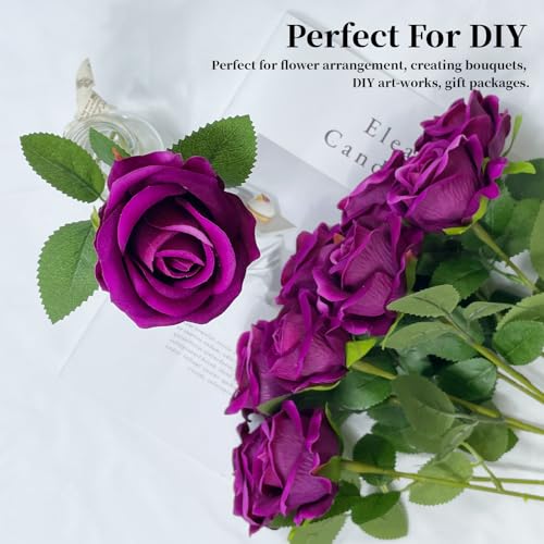 10 PCS Artificial Roses with Long Stems Silk Flowers Realistic Foam Flowers Fake Roses for Valentine's Day Home Wedding Halloween Decor(Rose Purple) - color: Rose Purple