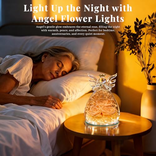 Beferr Gifts for Mom Birthday Gifts for Women, Fresh Flowers for Delivery Forever Preserved Rose in Glass Angel Figurine, Anniversary Christian Real Rose for Grandma Wife Mother from Daughter Son - color: D Champagne