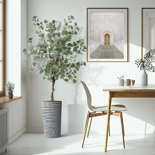 Artificial Tree in Modern Geometric Pattern Planter, Fake Eucalyptus Silk Tree for Indoor and Outdoor Home Decoration - 66" Overall Tall (Plant Pot Plus Tree) - style: Eucalyptus Tree