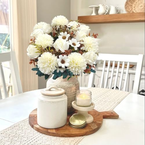 3 Pcs Fall Flowers Artificial Mums Silk Fake Mums Bouquet Faux Floral Arrangements Home Indoor Outdoor Planter Decor Party Wedding Table Autumn Decoration (White) - color: White