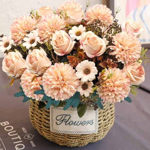 3 Pcs Fall Flowers Artificial Mums Silk Fake Mums Bouquet Faux Floral Arrangements Home Indoor Outdoor Planter Decor Party Wedding Table Autumn Decoration (Champagne) - color: Champagne