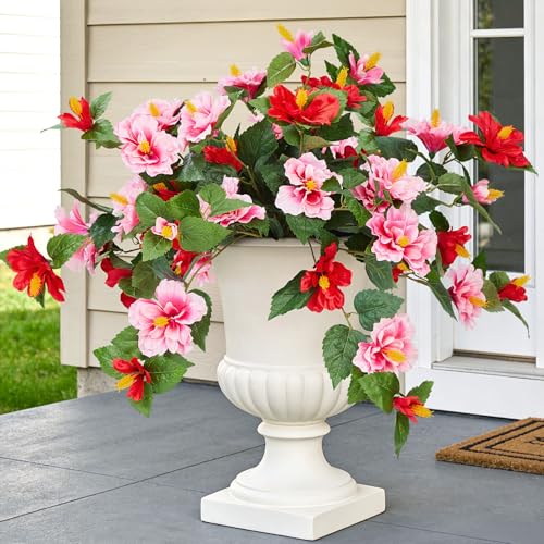 INXUGAO Artificial Flowers for Outdoors Indoors,2 Bunches Fake Hibiscus with Realistic UV Resistant Silk Flower Fabric Leaves,Faux Plants Outside for Home Patio Garden Yard Front Poch Decor(Red,Pink) - color: Hibiscus Red & Pink