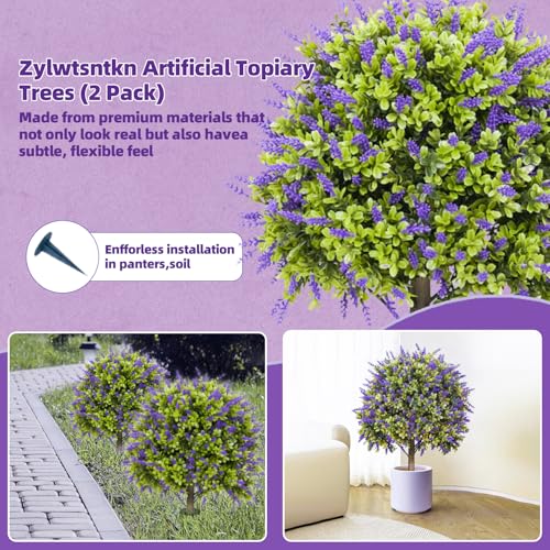 Artificial Lavender Topiary Ball Trees, 2 Set of UV Resistant Fake Evergreen Shrubs Bushes Plants, Faux Bushes for Outdoor Indoor Front Porch Garden Yard - color: Lavender, size: with Pot