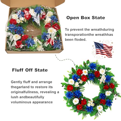 20 Inch Patriotic Wreath for Front Door, Red White Blue Flowers Wreaths with Silk Hydrangea, Daisy & Berry, USA 250th Anniversary Handmade Memorial Decorations, Americana for Porch Wall Window