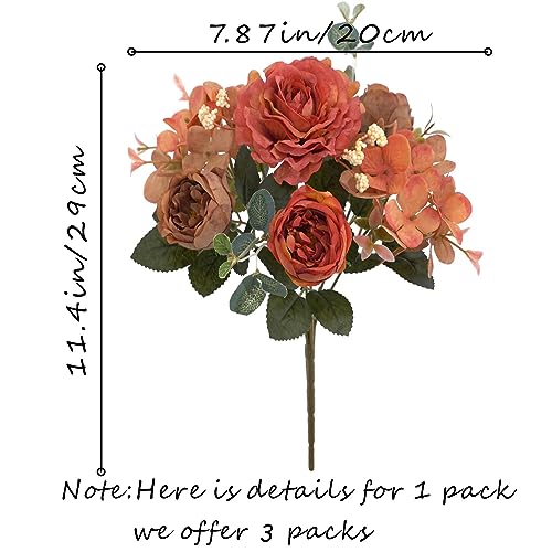 Artificial Flowers Fake Peony Silk Flowers Hydrangea Bouquet Decor Faux Camellia Flower for Home Living Room Table Centerpieces Decoration - color: Russet