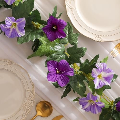 Floweroyal 4 Pack Artificial Flower Garlands 15.8FT Fake Morning Glory Vines Silk Flowers Hanging Garland Ivy for Wedding Arch Party Home Garden Wall Decor (Purple) - color: Morning Glory-purple, size: 4pcs