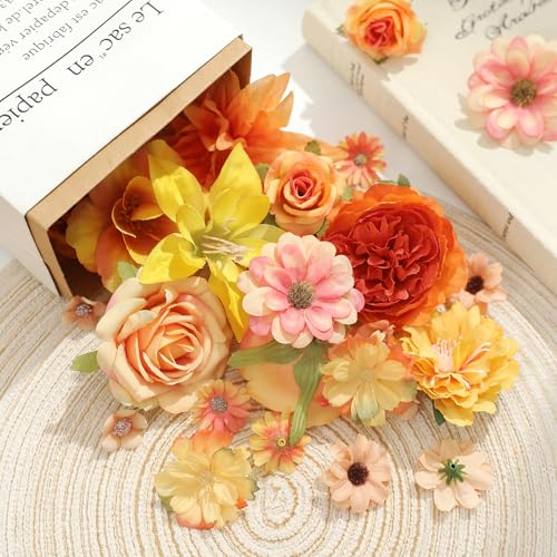 Fake Flower Heads Bulk - Orange Silk Daisy & Rose Fall Artificial Flower for Crafts, DIY, Graduation Cap, Wedding, Party, Cake Topper, Home Garland Decor - color: Orange