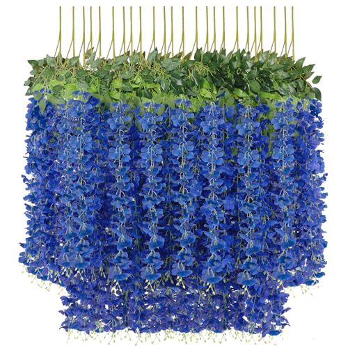 U'Artlines 24 Pack (Total 86.4 Feet) Artificial Fake Wisteria Vine Rattan Hanging Garland Silk Flowers String Home Party Wedding Decor (24, Navy Blue) - color: Navy Blue
