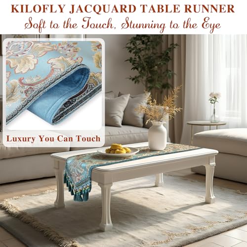 kilofly Elegant Floral Brocade Jacquard Table Runner Tassels (69 x 12 inches) - color: Blue, size: 69*12 inch