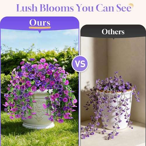 BlessedSeason 4 Pcs Artificial Hanging Flowers, UV Resistant Fake Flowers with Flexible Stems, Full Bundle Faux Flowers for Outdoor Planters, Zero Maintenance for Patio, Garden, Balcony, Double Purple - color: Double Purple, size: 4 PCS