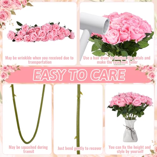 24 Pcs Pink Rose Artificial Flowers with Long Stem Real Touch Silk Plastic Bouquet Pink Roses Bulk for Wedding Party Table Centerpieces Festival Decorations - color: Pink