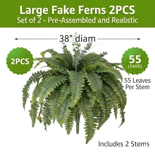 Artificial Ferns for Outdoors, 2 Pack 38IN Fake Ferns for Artificial Plants Large with 55 Fronds and 5 Long Eucalyptus Stems, Faux Ferns for Hanging Basket Porch Garden Home Decor