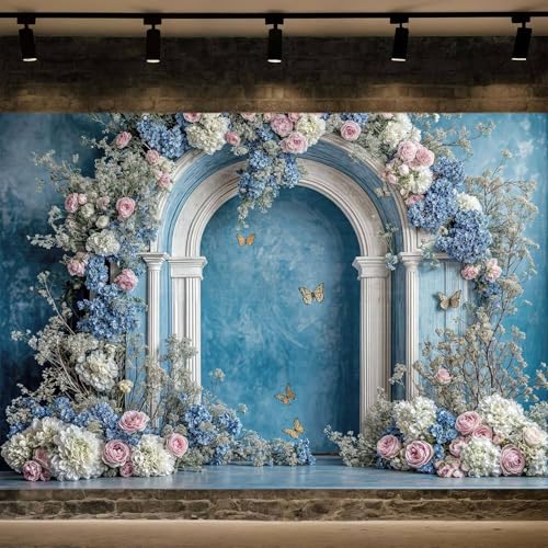6X4ft Retro Blue Flower Backdrop Blue Hydrangea Floral Butterfly Arch Photography Backdrops European Style Bridal Shower Party Banner for Interior Portrait Photoshoot Photo Booth Wallpaper Decor - color: Multi12, size: 6X4ft