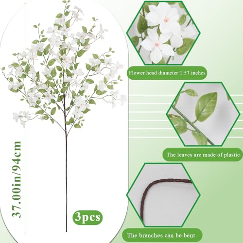 3 Pcs Artificial White Flowers Long Stems Bulk for Tall Vase Artificial Greenery Stems 37 Inch Faux Floral Branches with Locust Silk flowers and Leaves Fake Plants for Home Decor Indoor Wedding