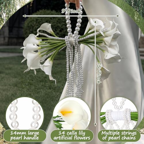 Yinder 14 Pcs Calla Lily Bridal Bouquet with Pearl Handle, Bridal Pearly Wedding Bouquet with Flowers with Pearl Bead for Wedding Marriage Party Church Bridesmaid