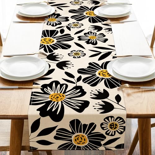 Vintage Flowers Dining Table Runner, Black White Retro Floral Burlap Kitchen Decoration, Spring Summer Rustic Indoor Outdoor Home Decor Party Supply 13 x 72 Inches - color: Vintage Flowers, size: Table Runner 13''X72''
