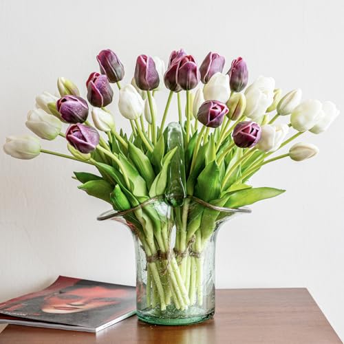 DUYONE 40pcs Artificial Tulips Flowers,Soft Touch Latex Bouquet,Fake Tulips for Office Wedding Party Home Kitchen Garden Decoration - color: 40pcs Dark Purple Set (No Vase)