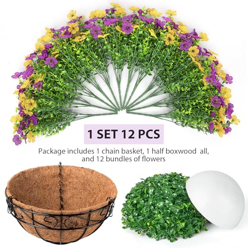 Artificial Fake Hanging Flowers Plants Basket Outdoors, Faux Silk UV Resistant Look Real Daisy Eucalyptus for Spring Summer Garden Porch Home Patio Balcony Yard Decorations, Yellow Purple - color: Yellow and Purple