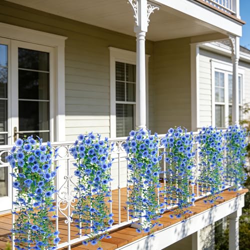 4 Pcs Artificial Hanging Flowers for Outdoor, Fake Silk Daisy Flowers Spring Summer Decoration UV Resistant Faux Plants for Planter Front Door Porch Patio Balcony Yard Decor, Blue - color: Blue